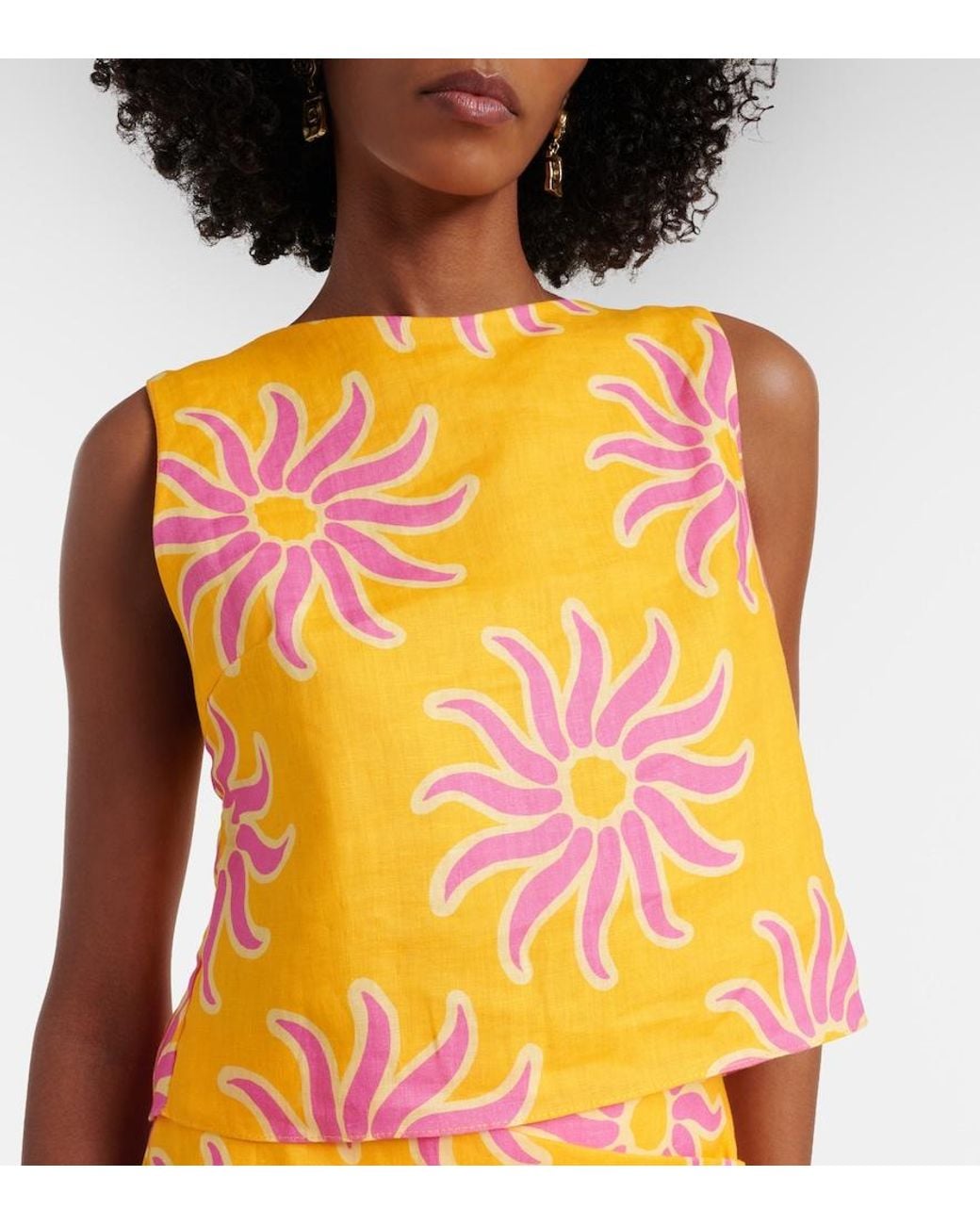 Cala De La Cruz Yellow Avelino Printed Linen Crop Top