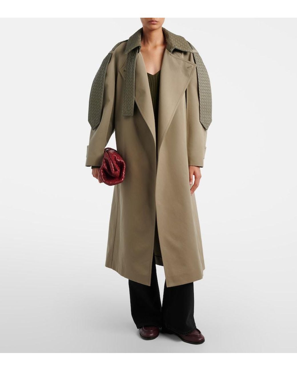 Bottega Veneta Natural Intrecciato Leather-Trimmed Trench Coat