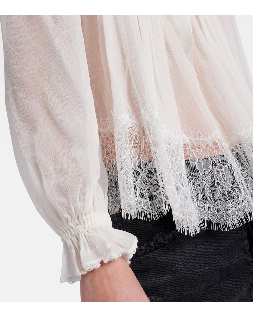 Self-Portrait White Gathered Georgette And Lace Blouse