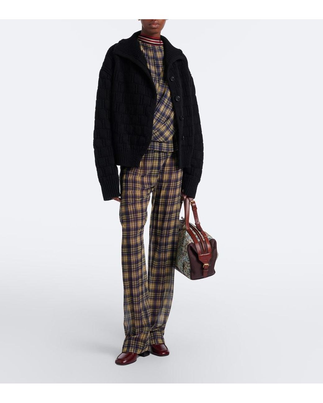 Dries Van Noten Gray Semi-Sheer Checked Chiffon Wide-Leg Pants