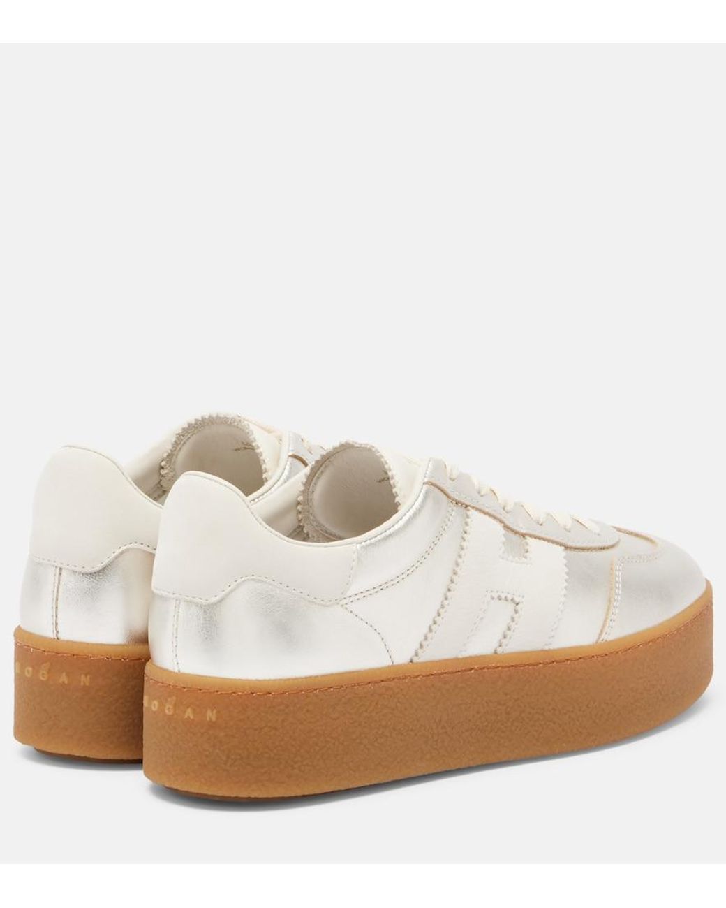 Hogan White H698 Metallic Leather Platform Sneakers