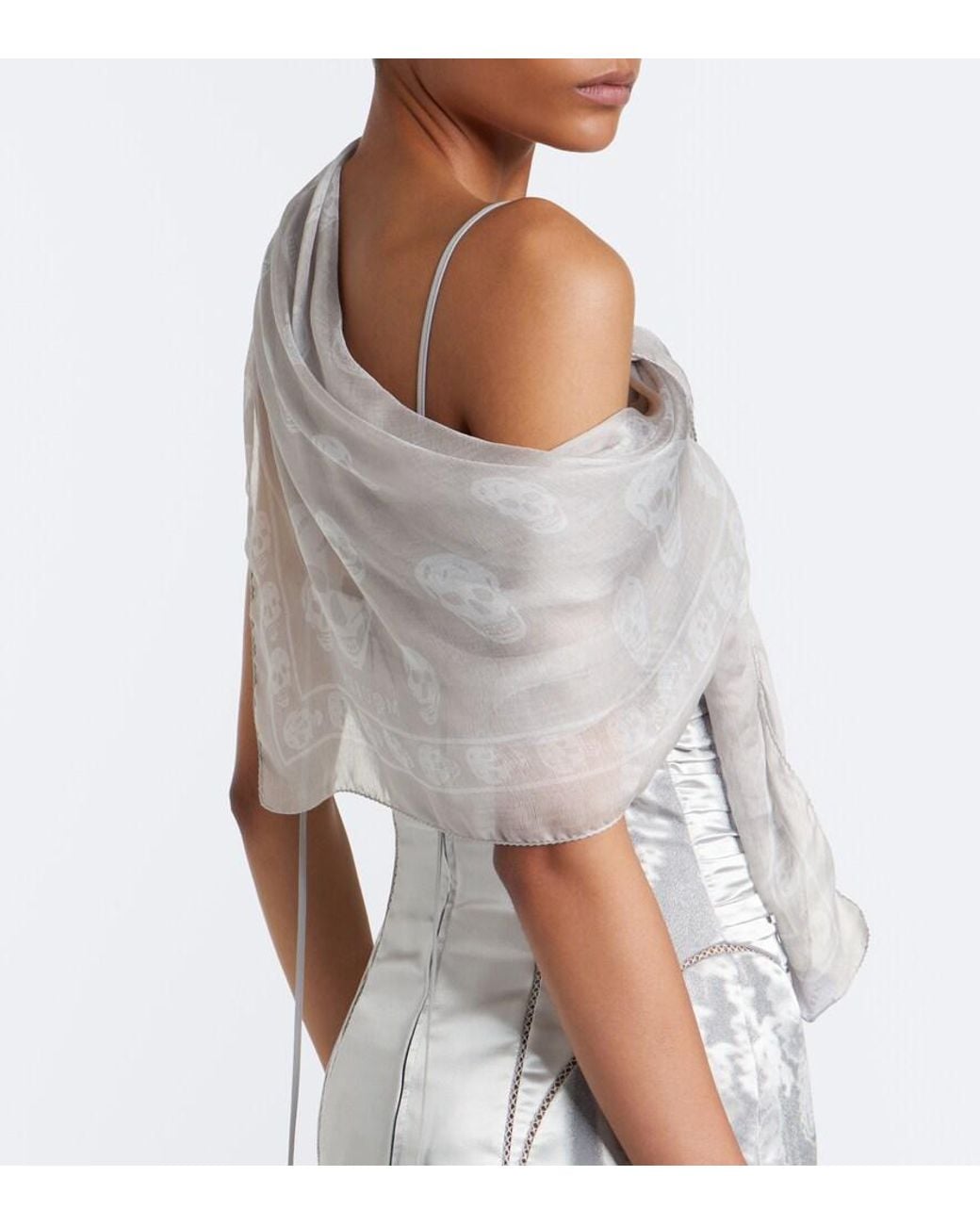McQueen White Skull Silk Chiffon Scarf