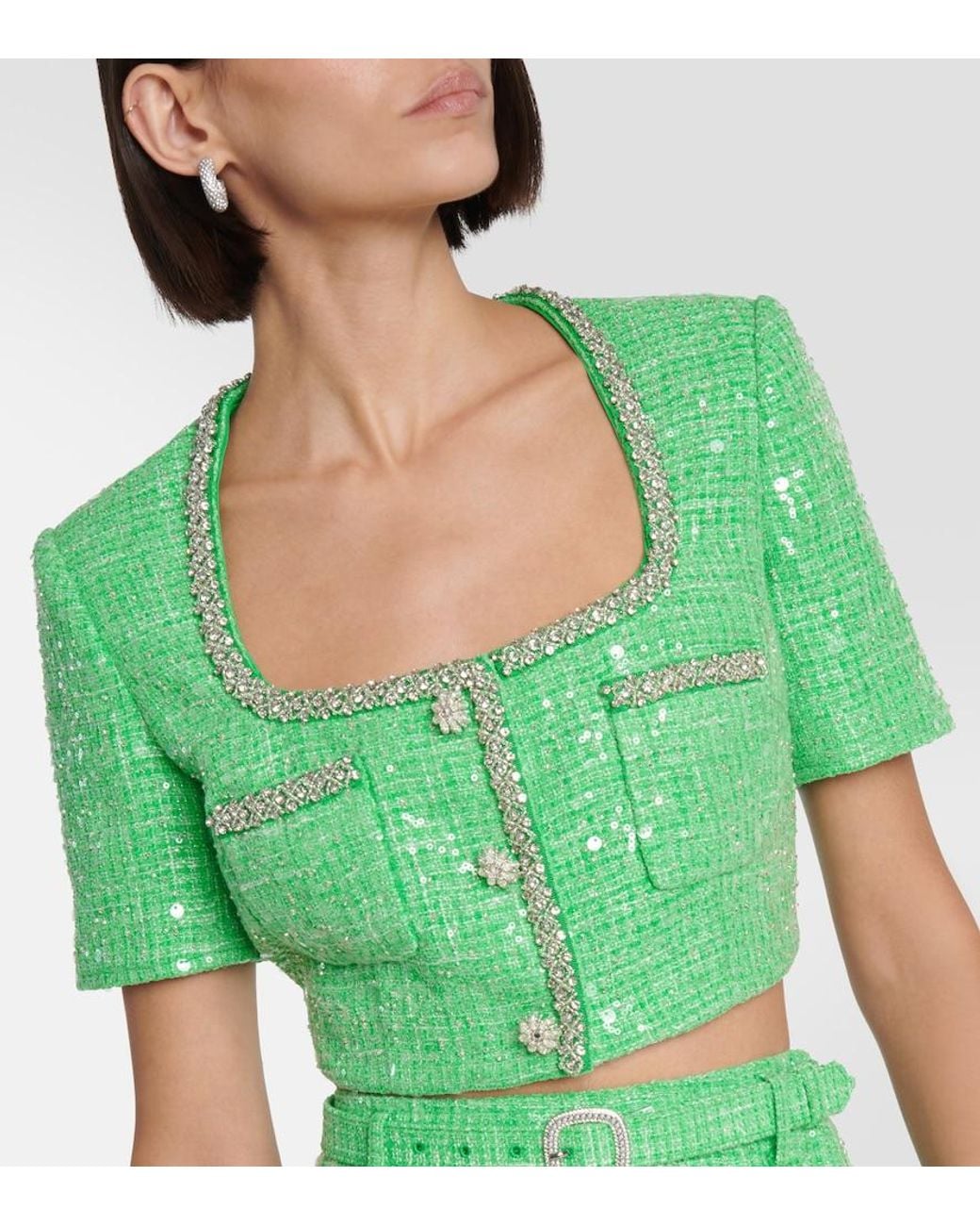 Self-Portrait Green Sequined Embellished Boucle Crop Top
