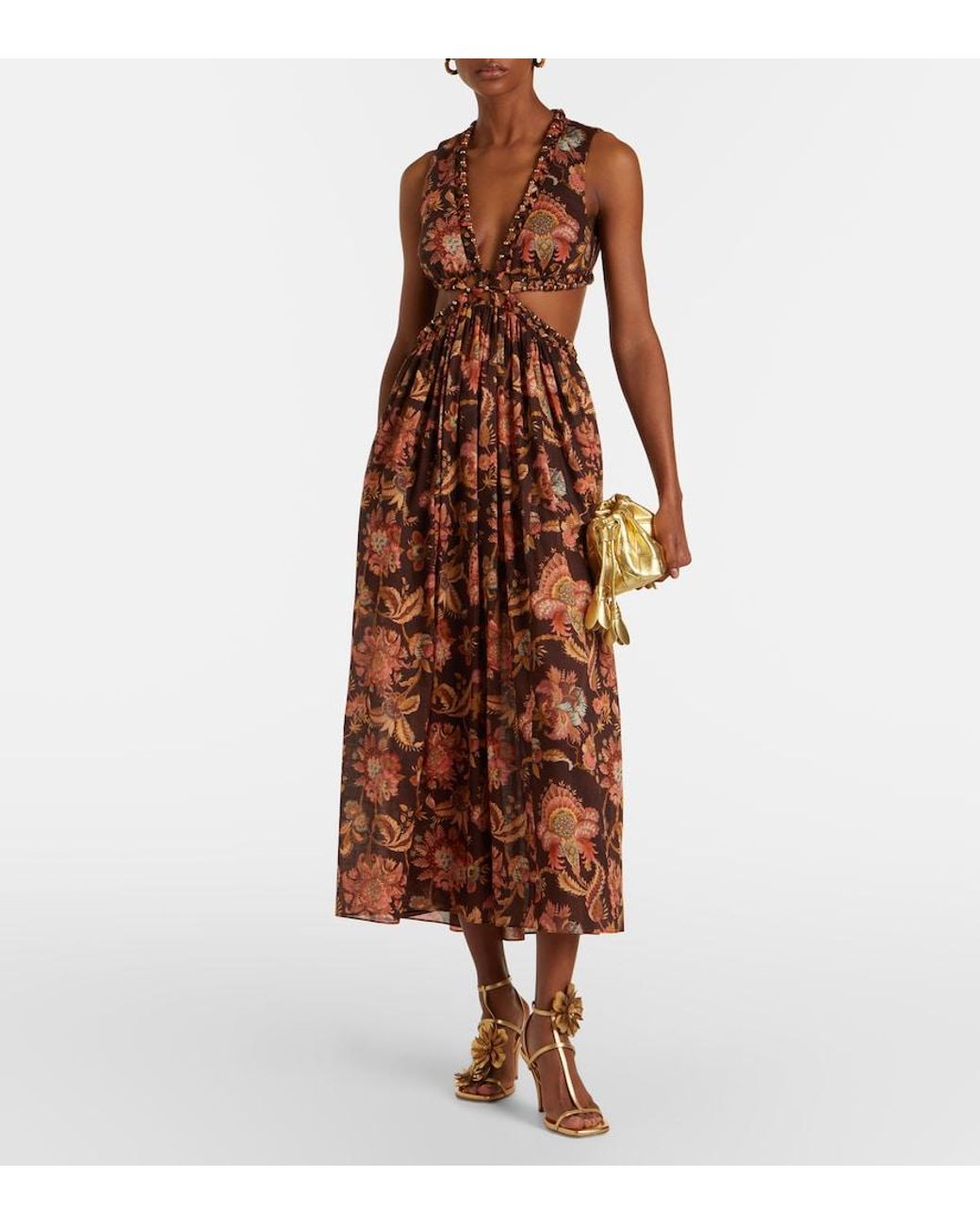Zimmermann Brown Aster Cutout Floral Cotton Midi Dress
