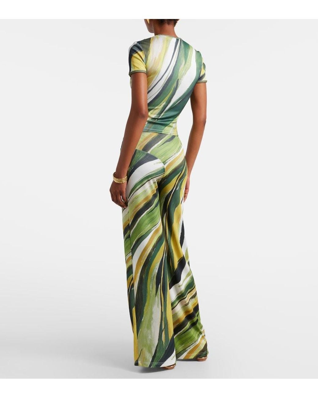 Christopher Esber Green Printed Ribbed-Knit Jersey Wide-Leg Pants
