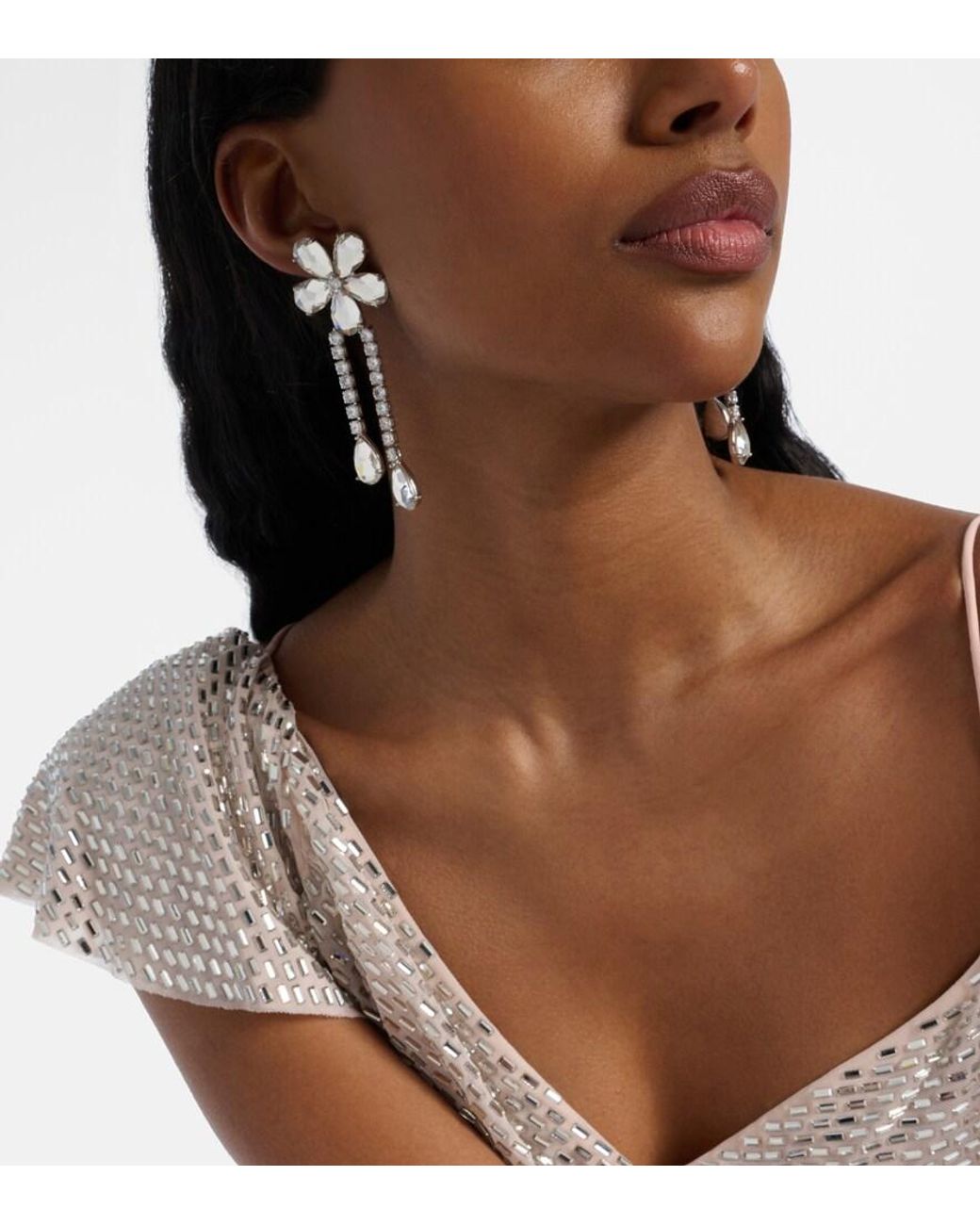 Self-Portrait White Crystal-Embellished Floral Drop Earrings
