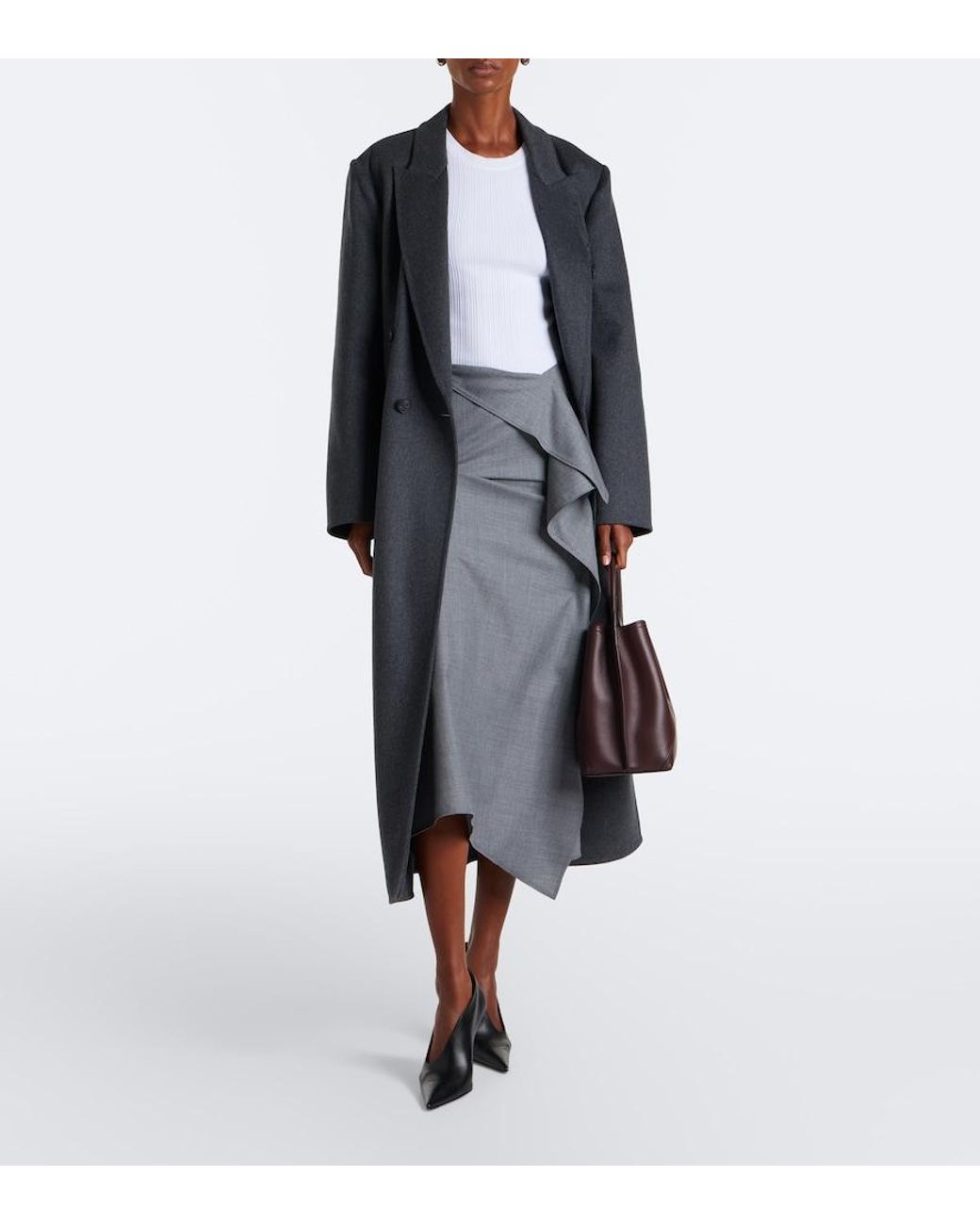 Victoria Beckham Gray Asymmetric Draped Wool Midi Skirt