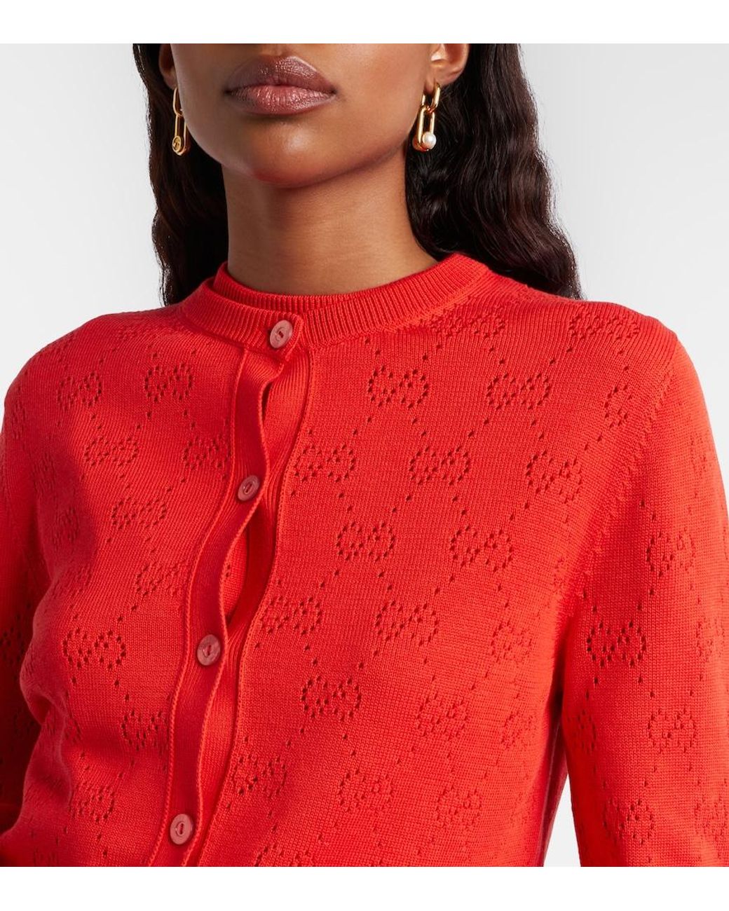 Gucci Red Gg Pointelle Silk And Cotton Cardigan