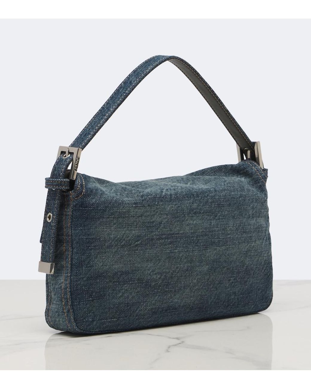 Fendi Blue Baguette 26424 Small Denim Shoulder Bag