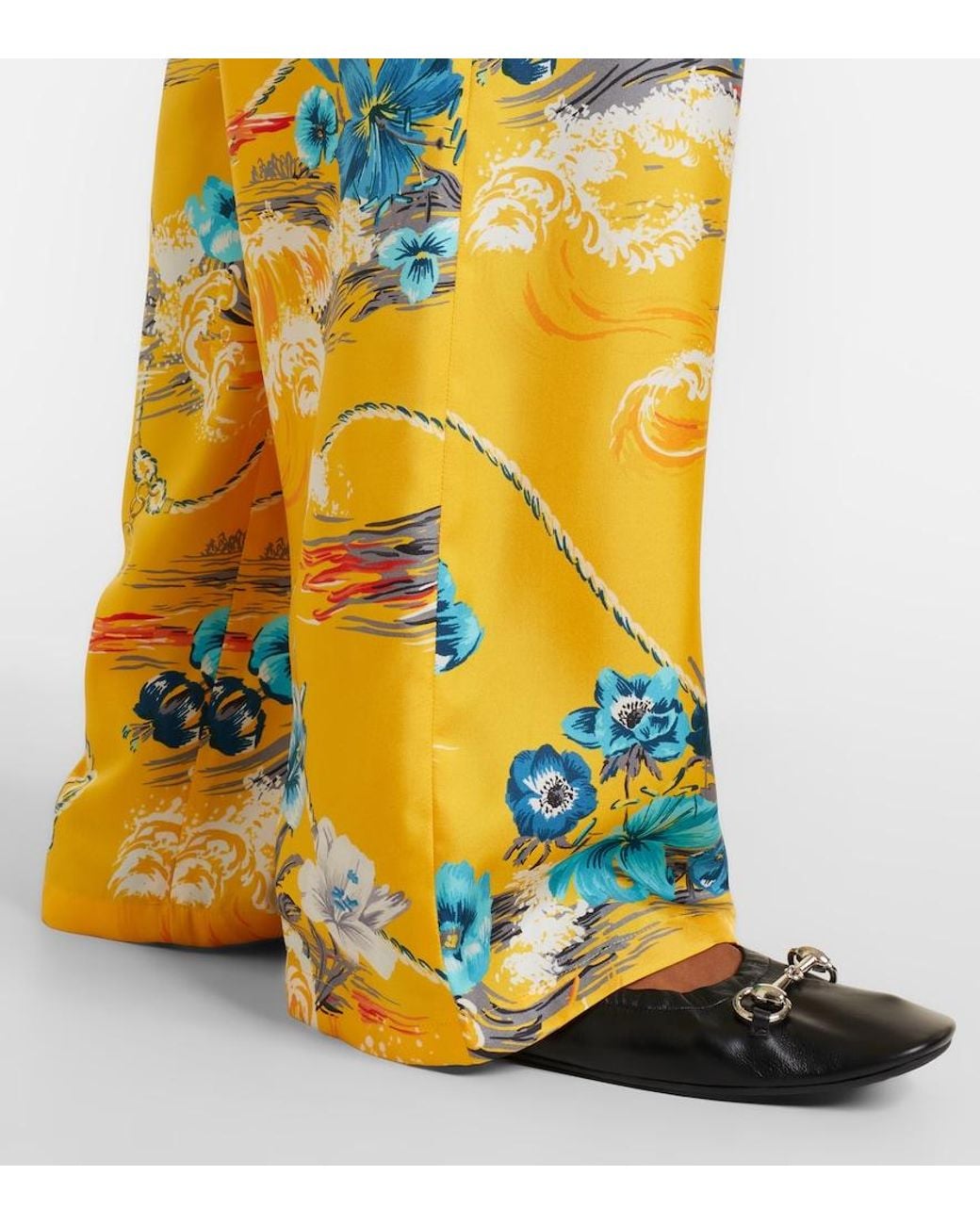 Gucci Yellow Floral Silk Twill Wide-Leg Pants