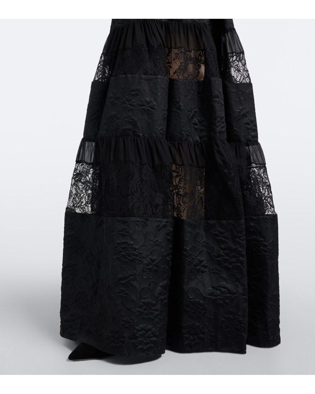 Elie Saab Black Lace-Trimmed Floral Jacquard Gown