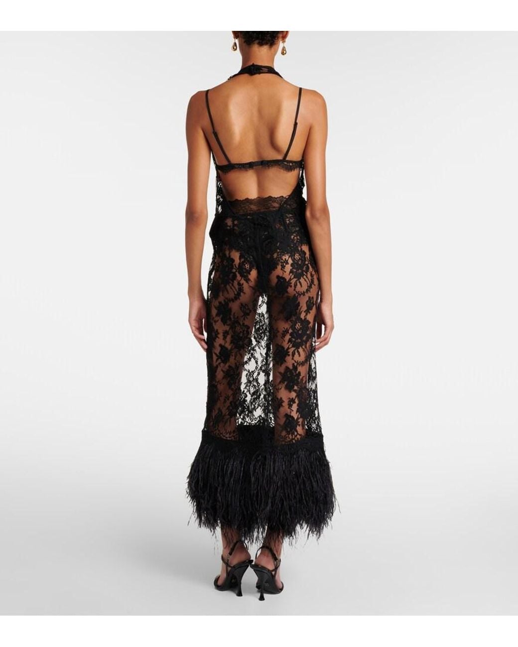 Dolce & Gabbana Black Cotton-Blend Lace Feather-Trim Maxi Dress