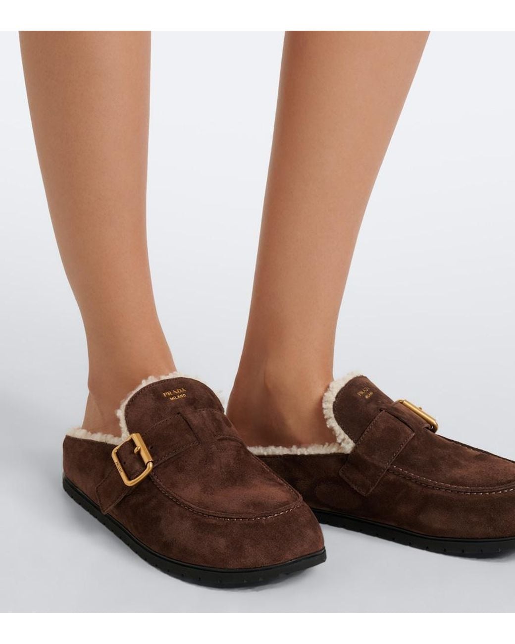 Prada Brown Shearling-Lined Suede Mules