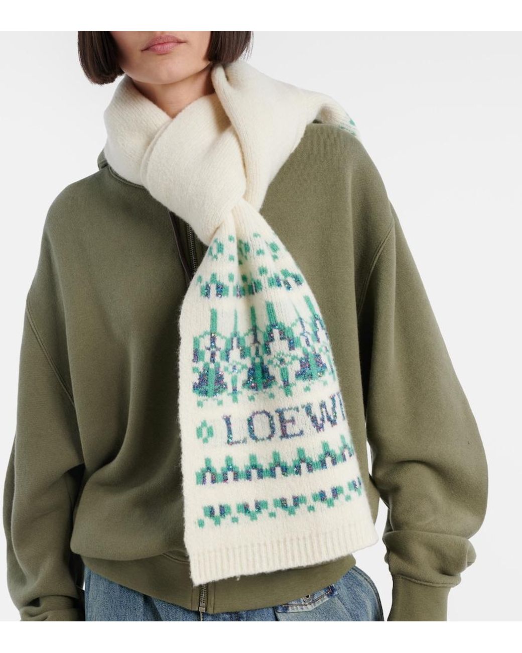 Loewe White Logo Sequined Wool-Blend Jacquard Scarf
