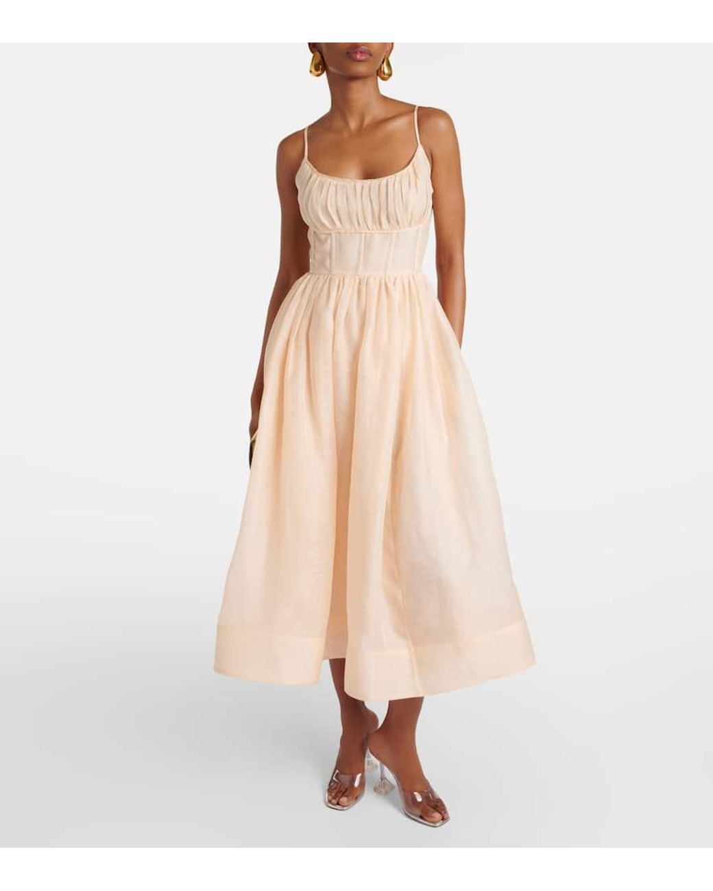Zimmermann Natura Ruched Linen And Silk Midi Dress in Natural | Lyst