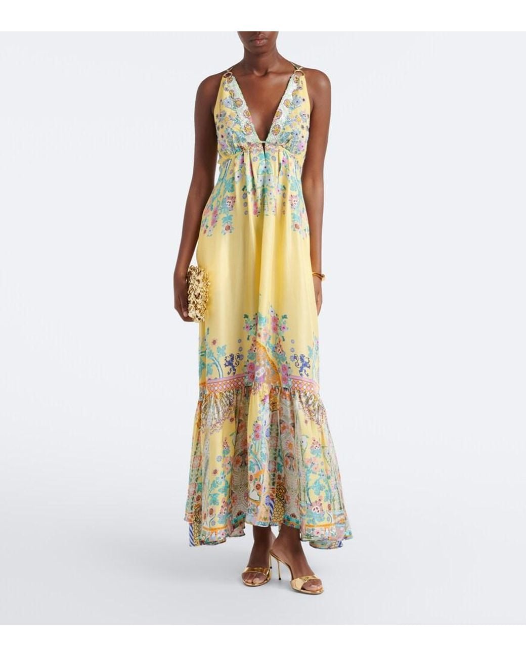 Camilla Metallic Sequined Floral Silk Maxi Dress