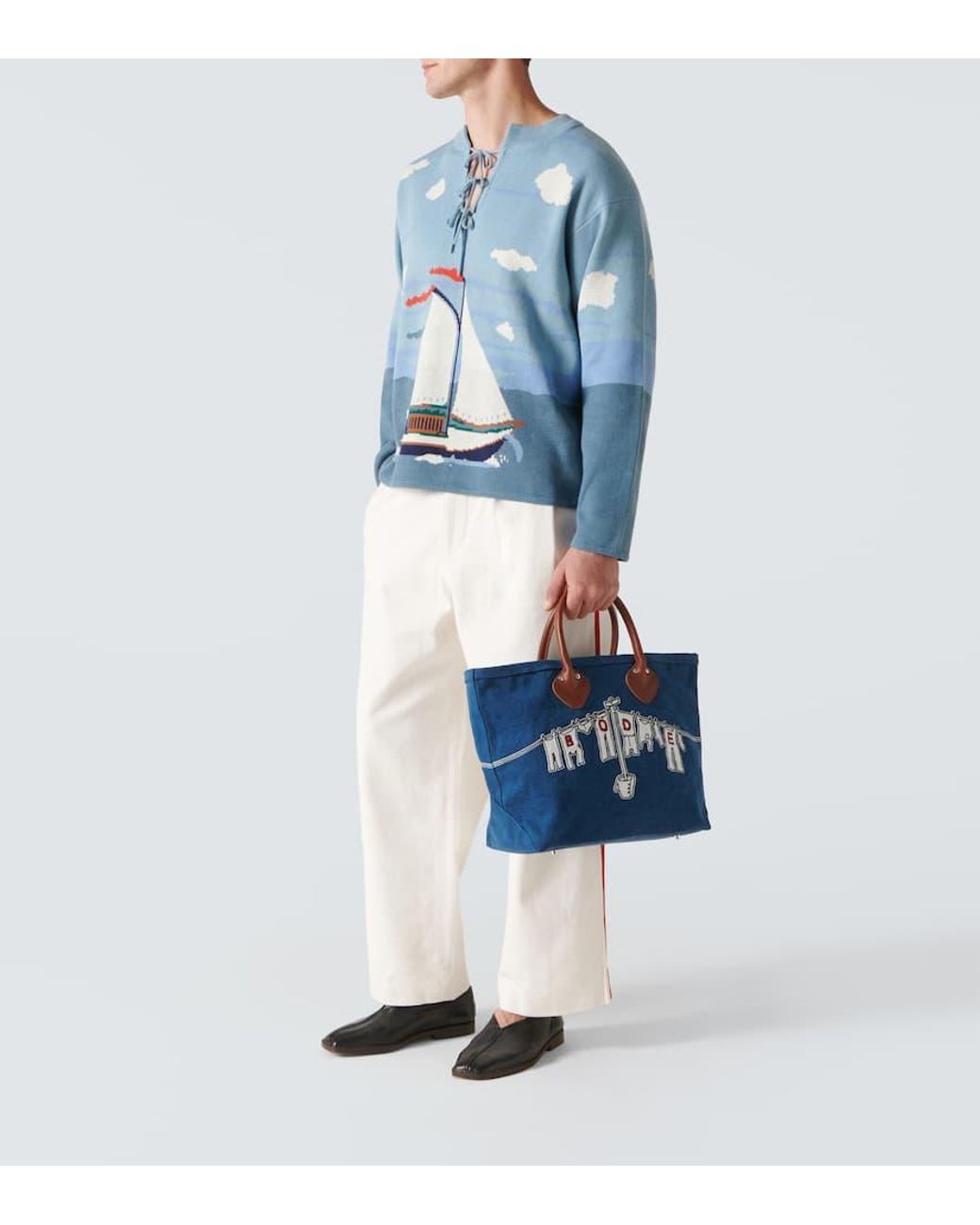 Bode Clothesline Leather-Trimmed Canvas Tote Bag in Blue for Men