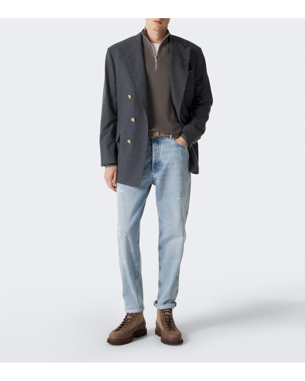 Brunello Cucinelli Gray Ribbed-Knit Half-Zip Cotton Sweater for men