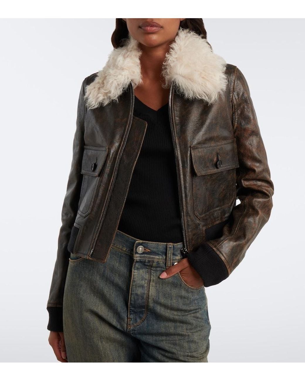 Fendi Black Shearling-Trimmed Leather Jacket