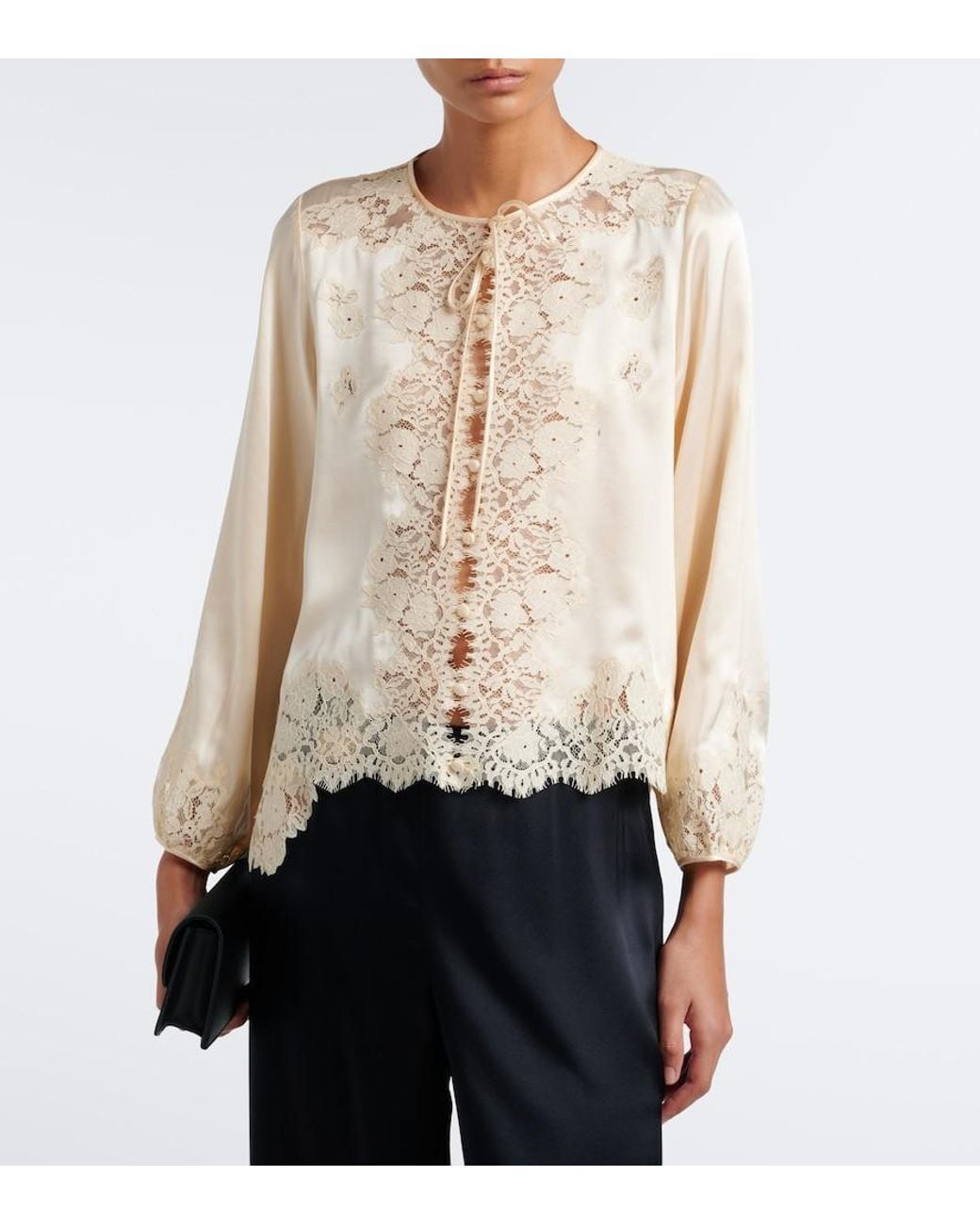 Doen Natural Lucine Lace-Trimmed Silk Satin Blouse
