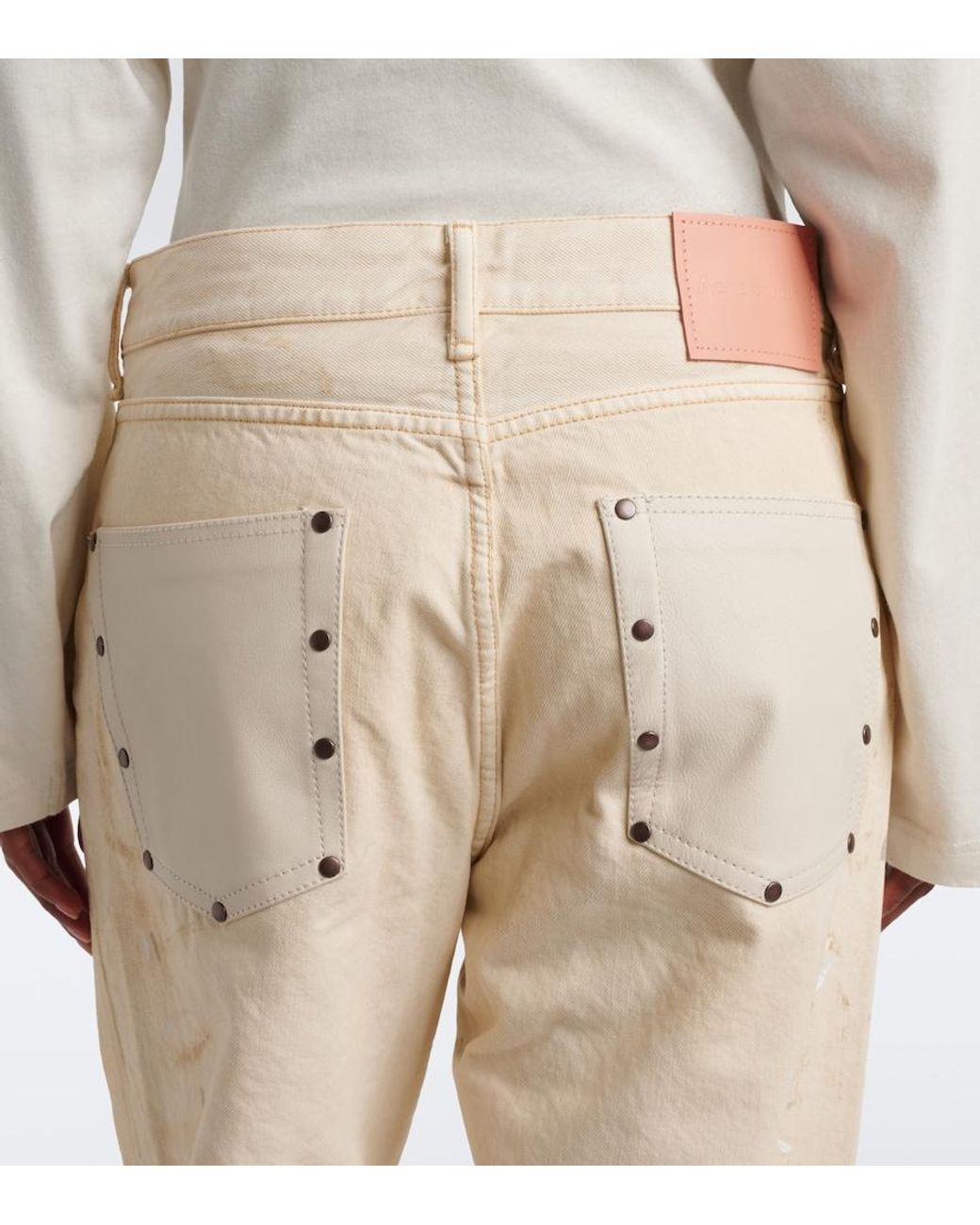 Acne Natural Distressed Leather-Trimmed Wide-Leg Jeans