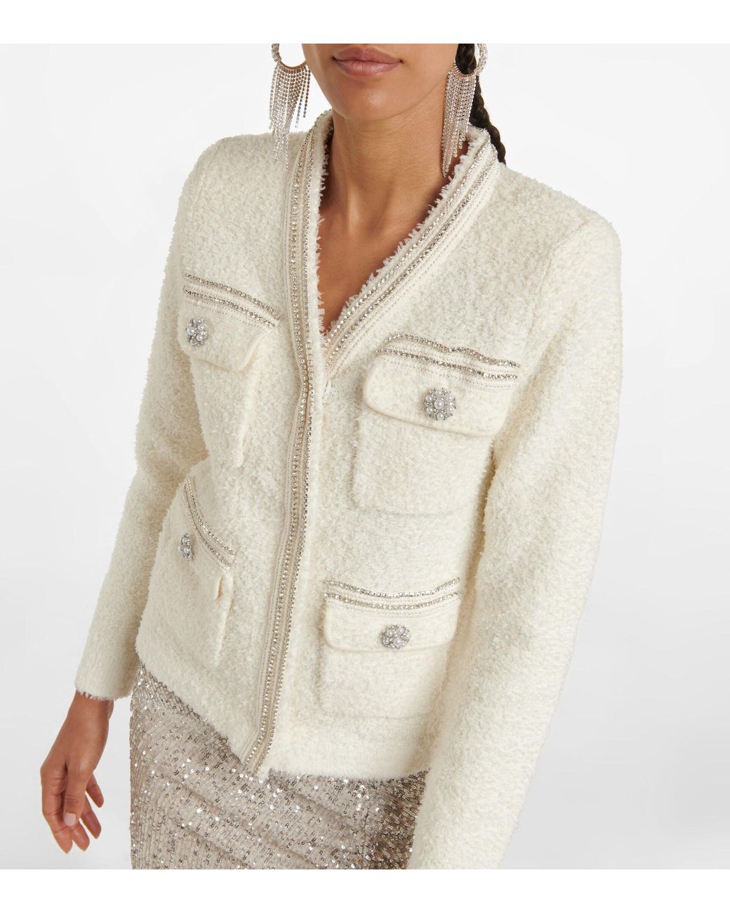 Self-Portrait Embellished Boucle Cardigan in White