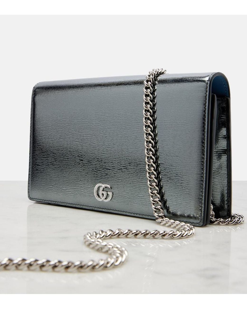 Gucci Gray Gg Marmont Leather Wallet On Chain