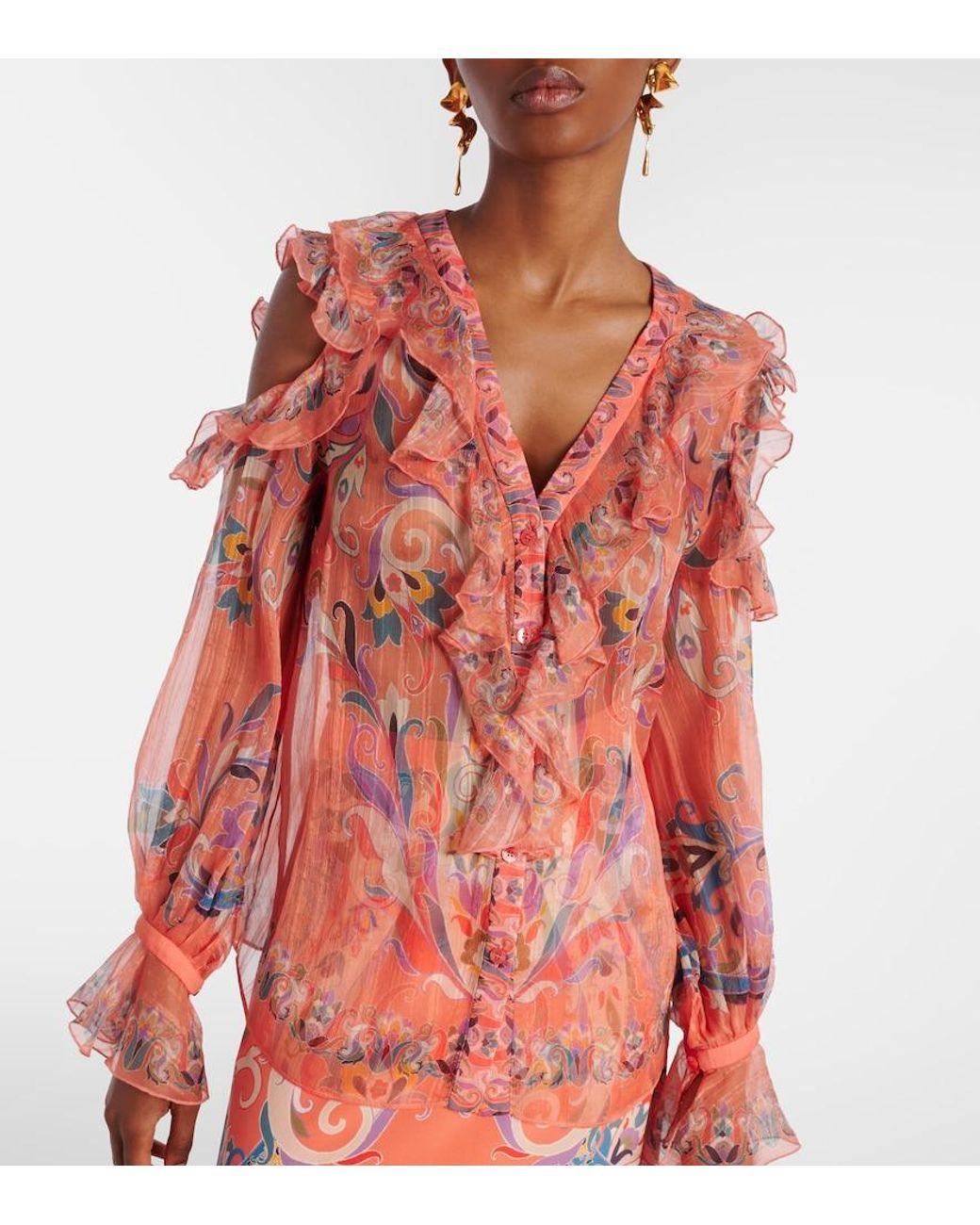 Etro Pink Printed Ruffled Silk Blouse