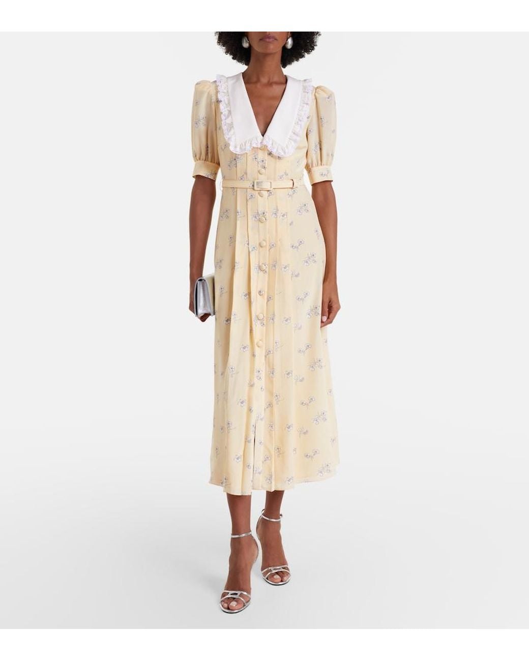 Alessandra Rich Metallic Lace-Trimmed Floral Silk Shirt Dress
