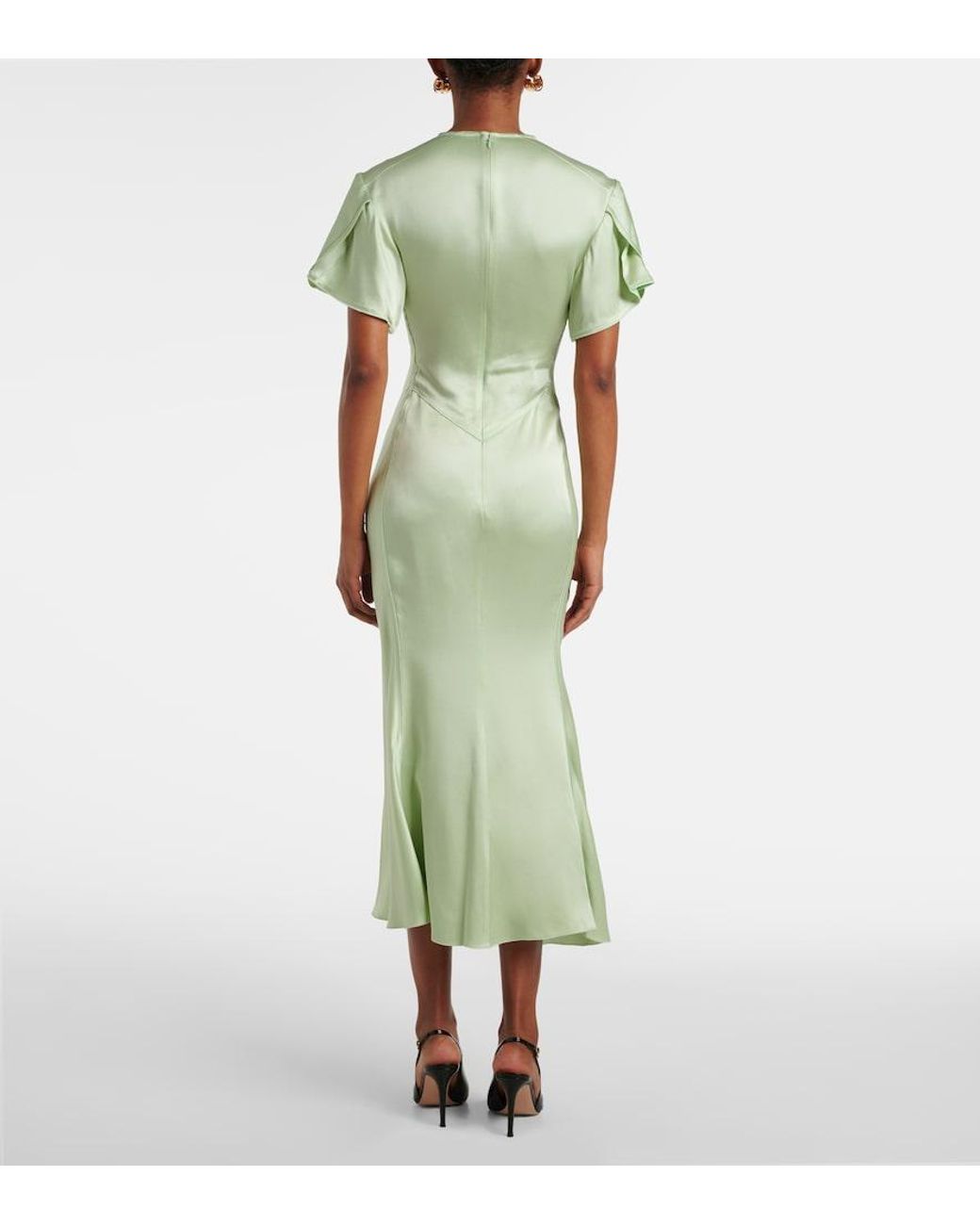 Victoria Beckham Green Gathered Crepe Satin Midi Dress