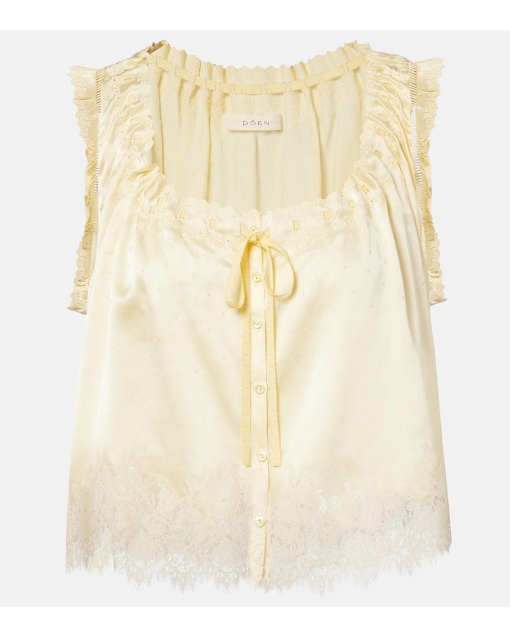 Doen Natural Toulouse Lace-Trimmed Embroidered Silk Top
