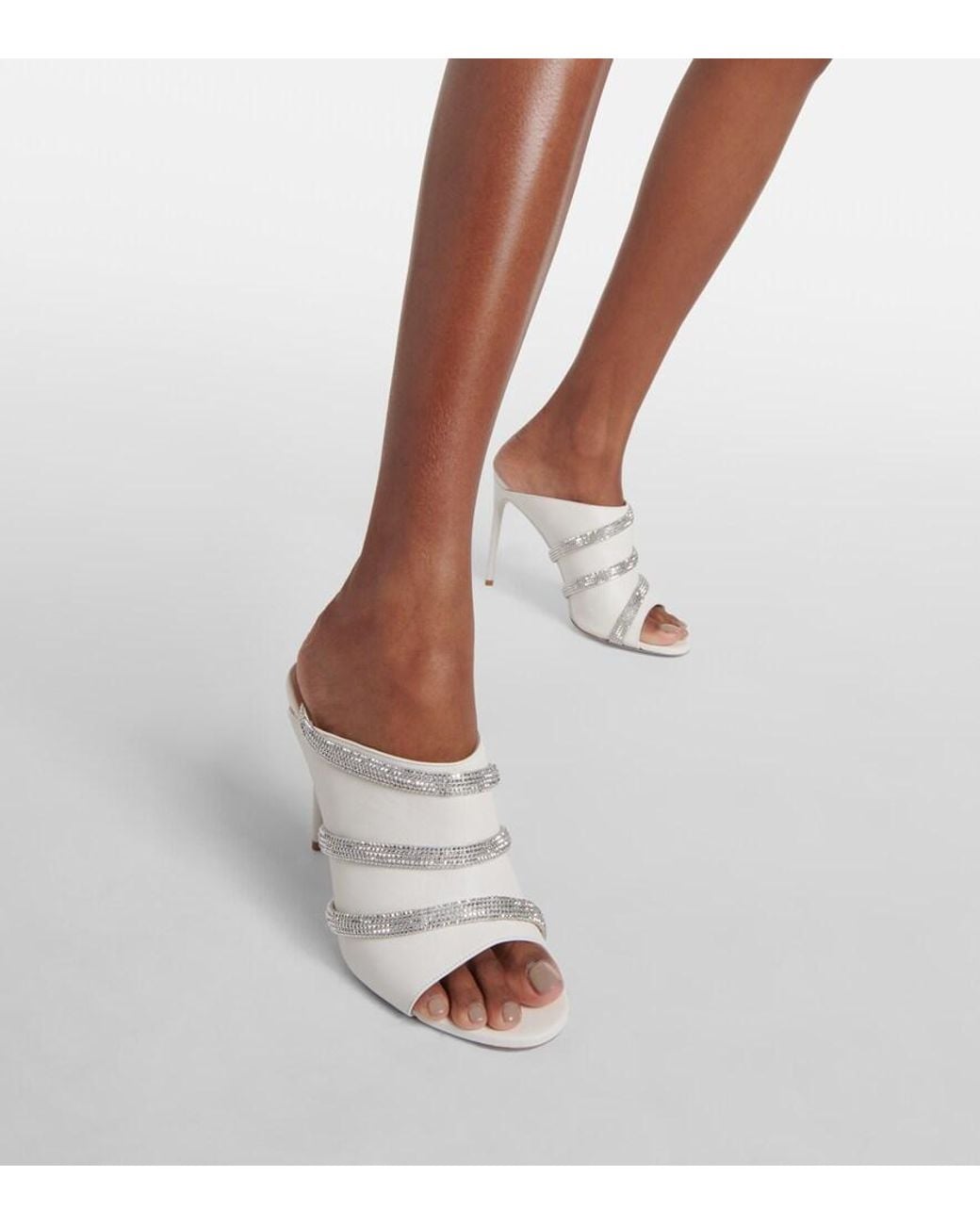 Rene Caovilla White Sally Embellished Leather Mules