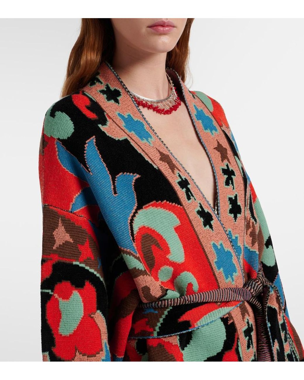 Etro Red Jacquard Wool-Blend Wrap Cardigan