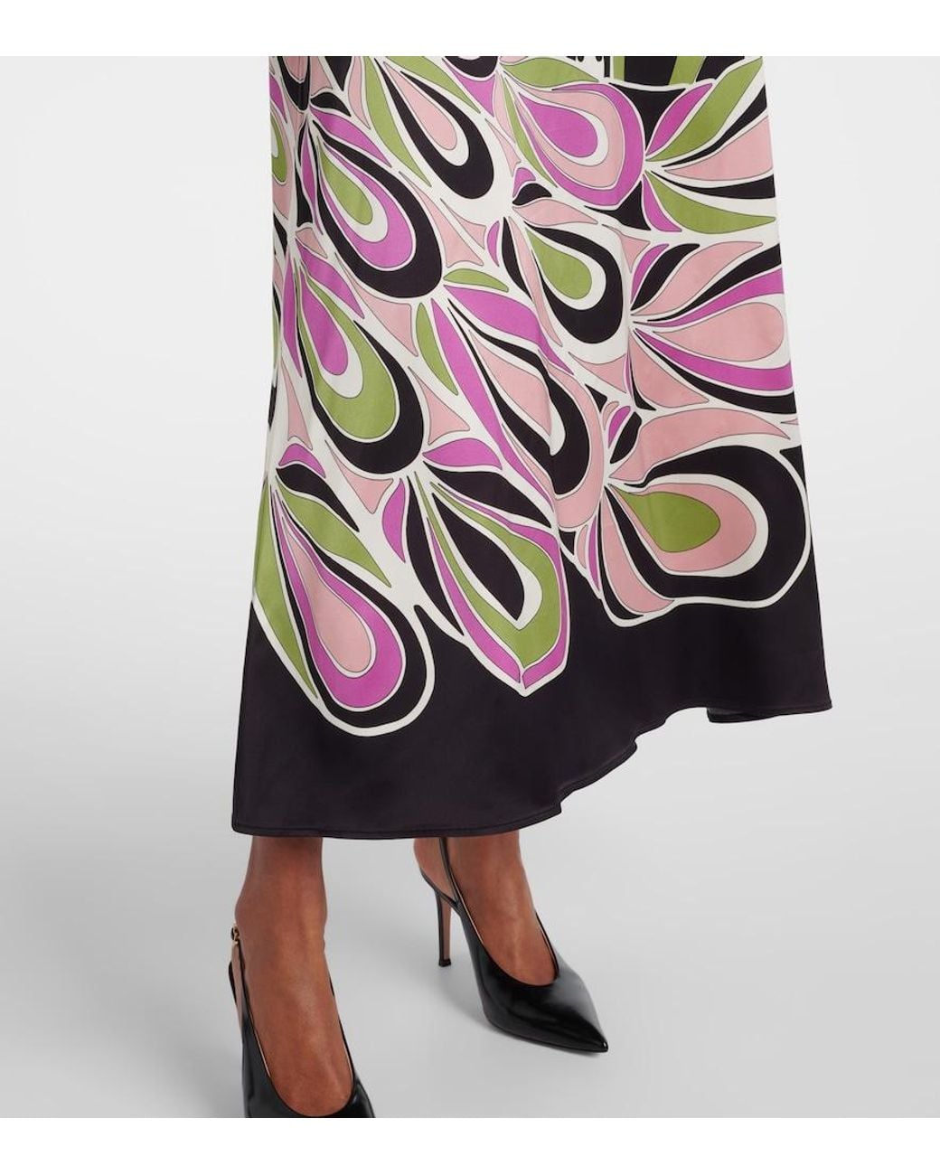 LaDoubleJ White Clingy Swing Printed Satin Midi Dress