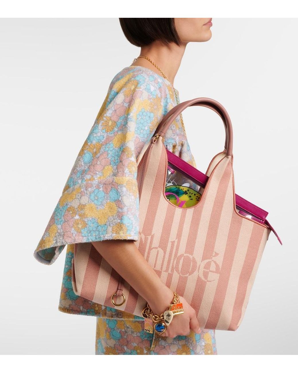 Chloé Pink Stripy Large Logo Canvas Tote Bag