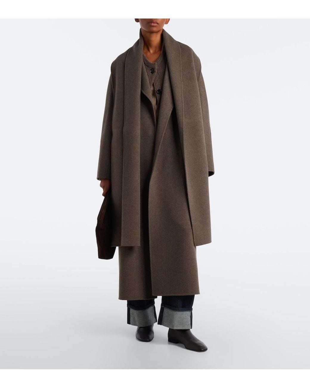 Max Mara Brown Scarf-Detail Virgin Wool Wrap Coat