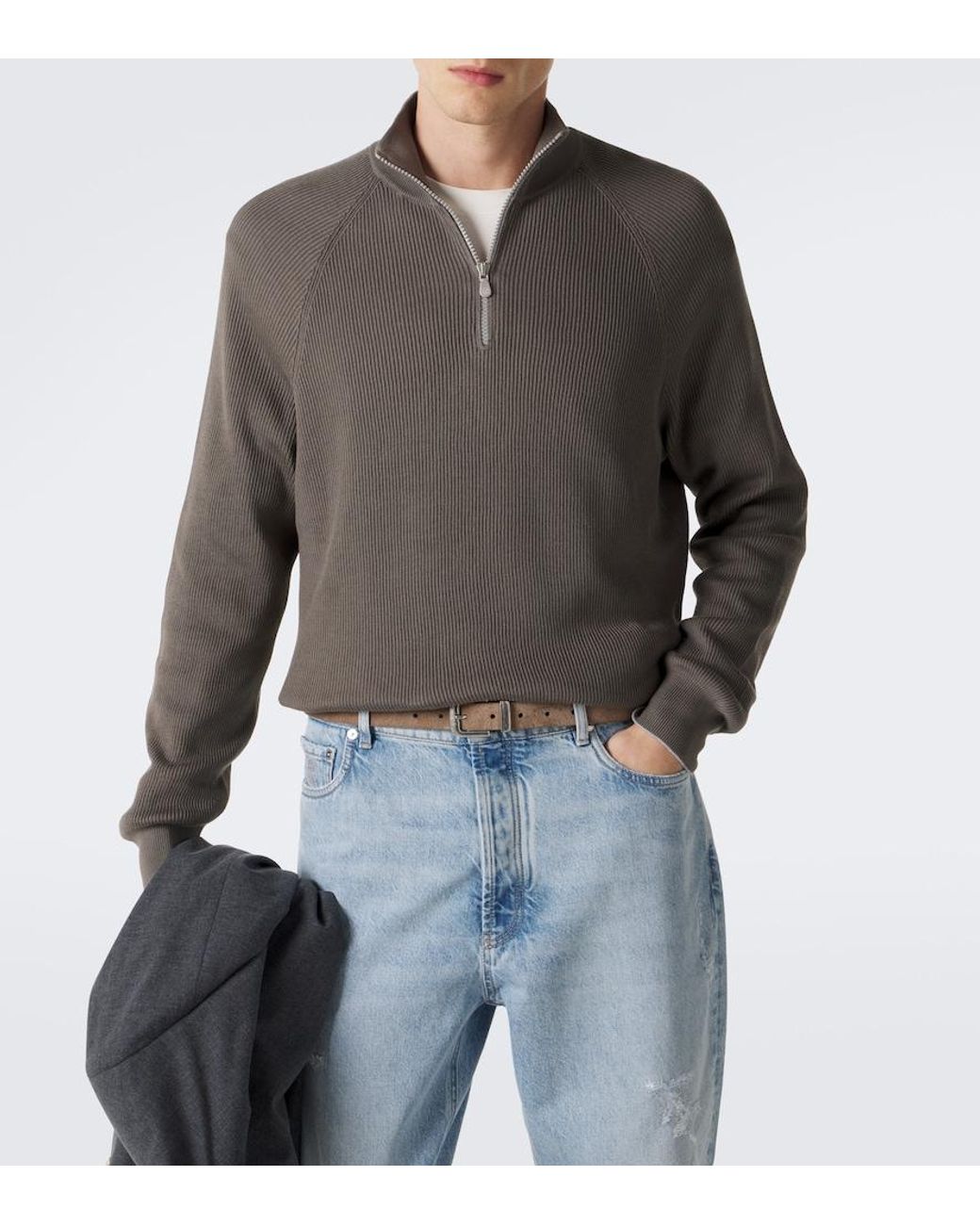 Brunello Cucinelli Gray Ribbed-Knit Half-Zip Cotton Sweater for men