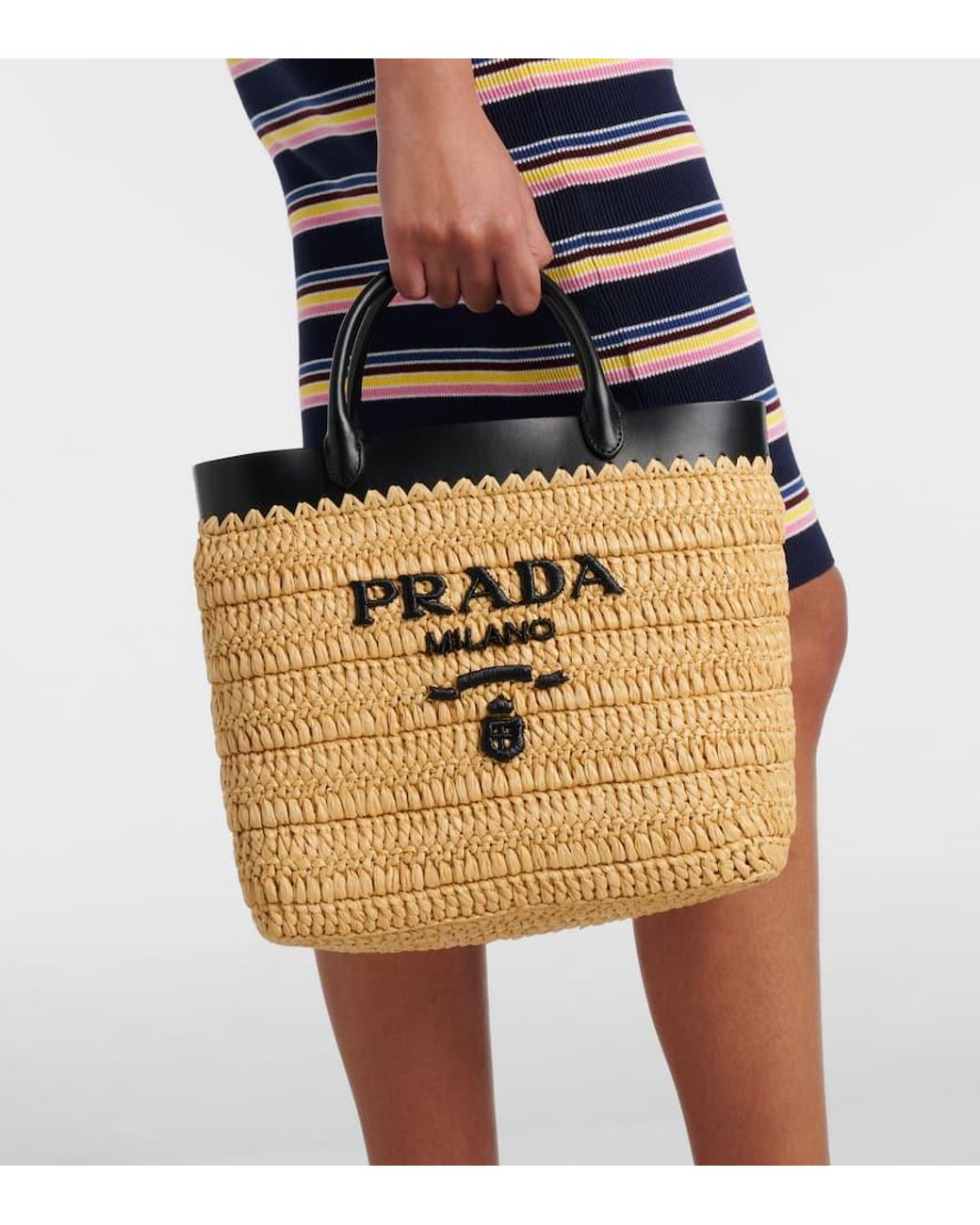 Prada Small Logo Raffia-Effect Tote Bag in Natural | Lyst