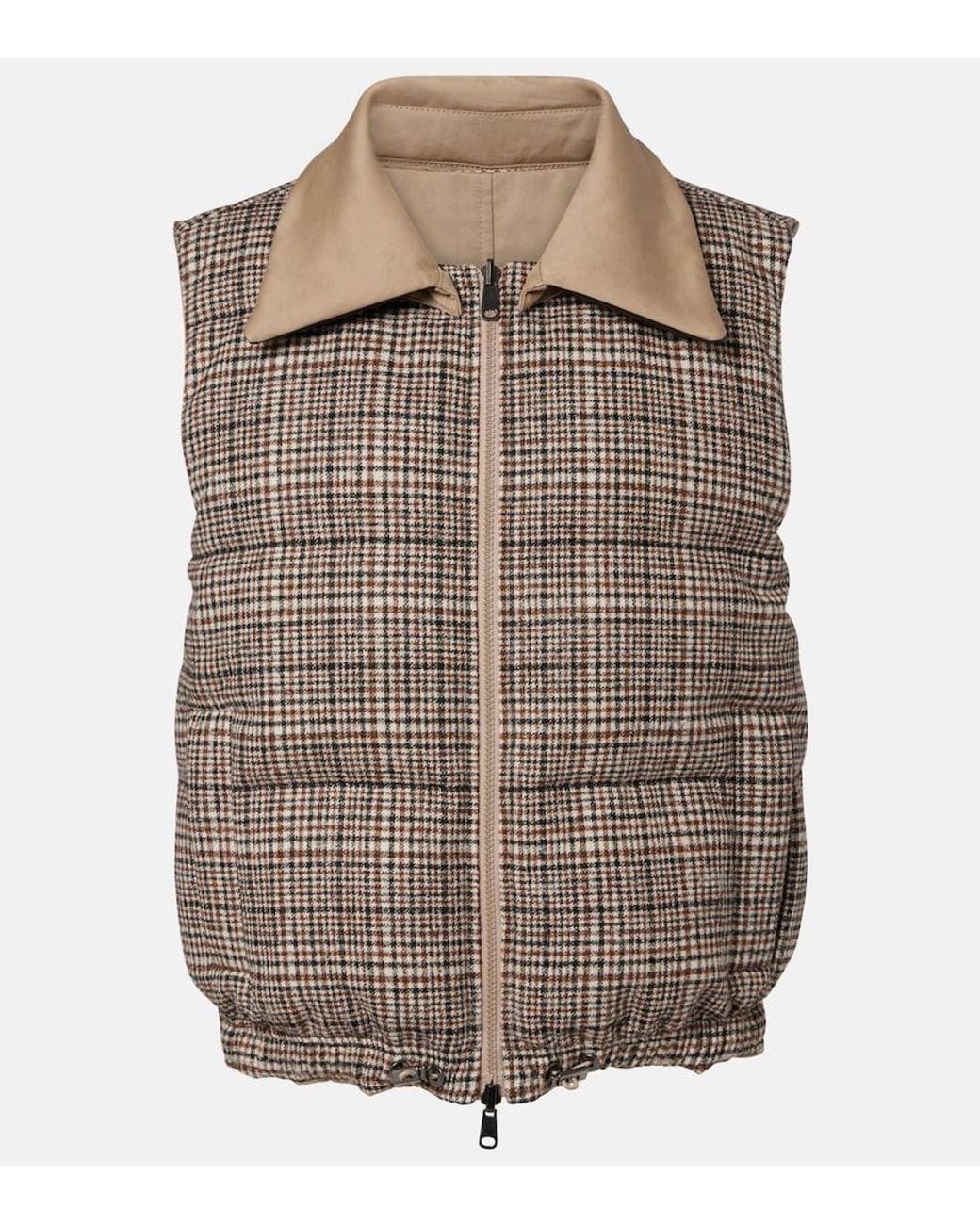 Brunello Cucinelli Brown Checked Leather-Trimmed Down Vest