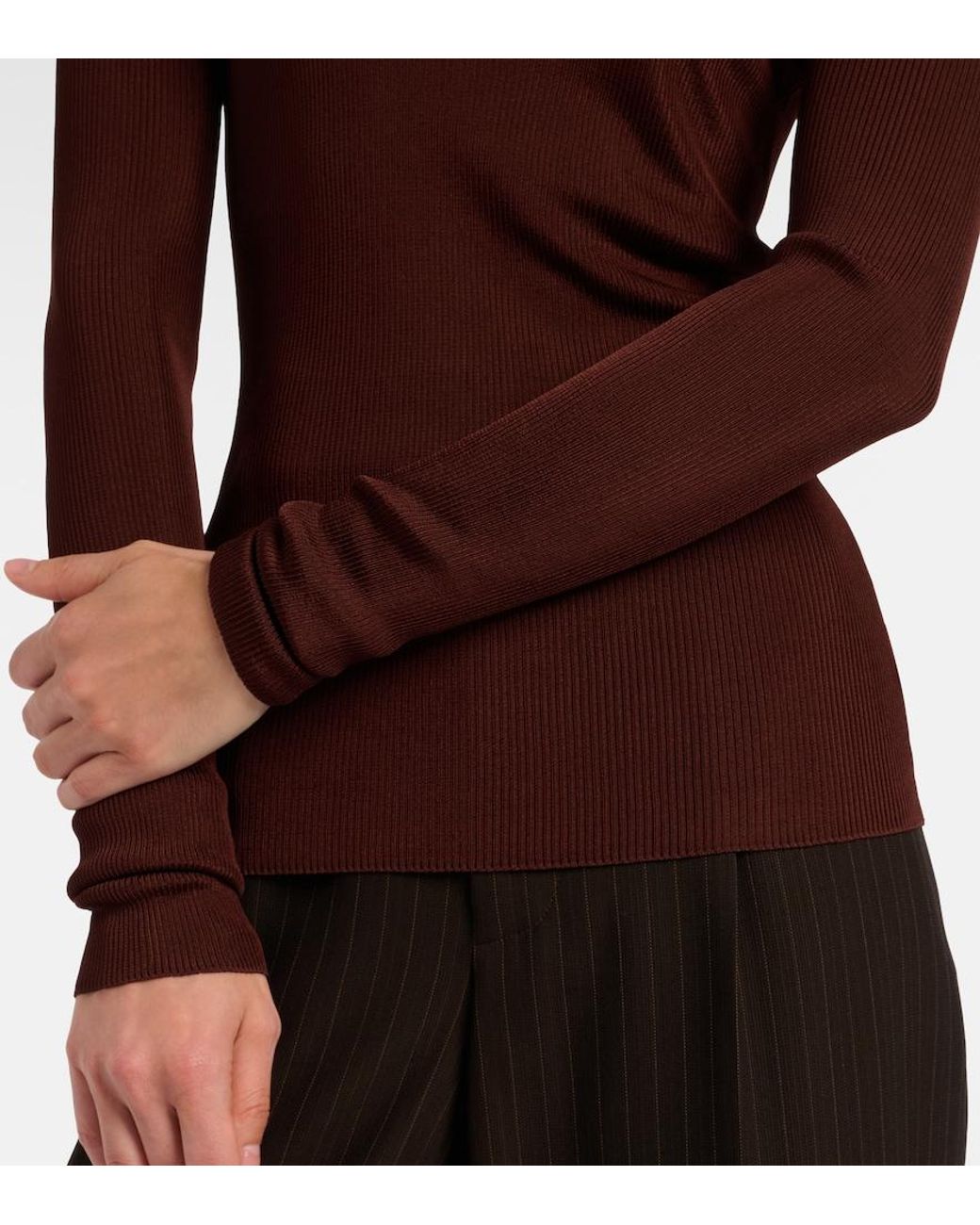Saint Laurent Brown Ribbed-Knit Silk Sweater