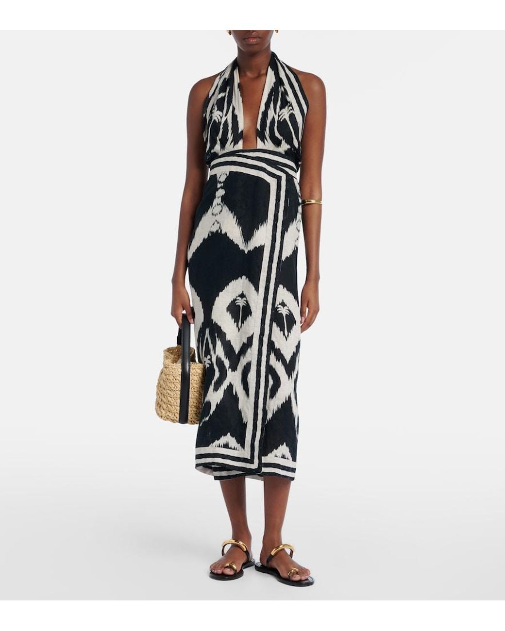 Johanna Ortiz White Printed Open-Back Linen Midi Dress