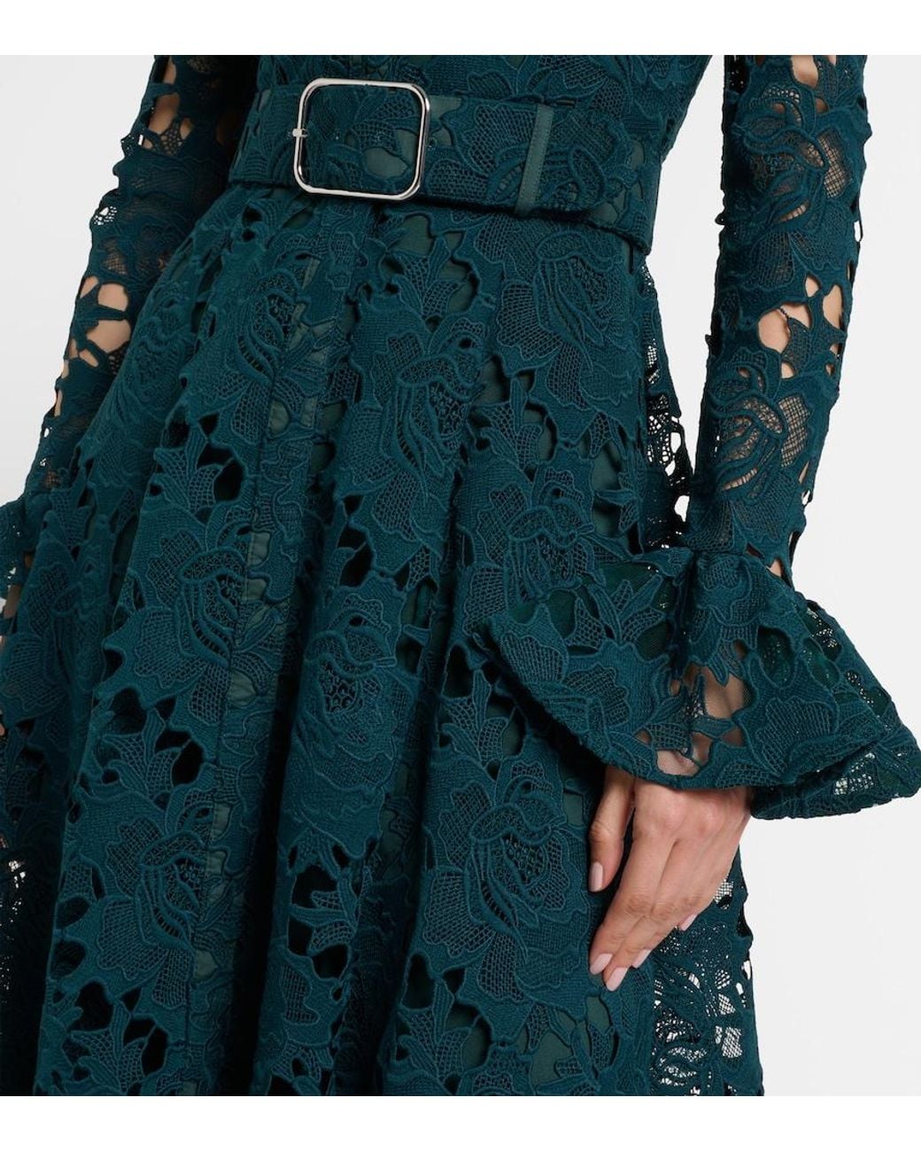 LEO LIN Green Aliyah Belted Lace Midi Dress