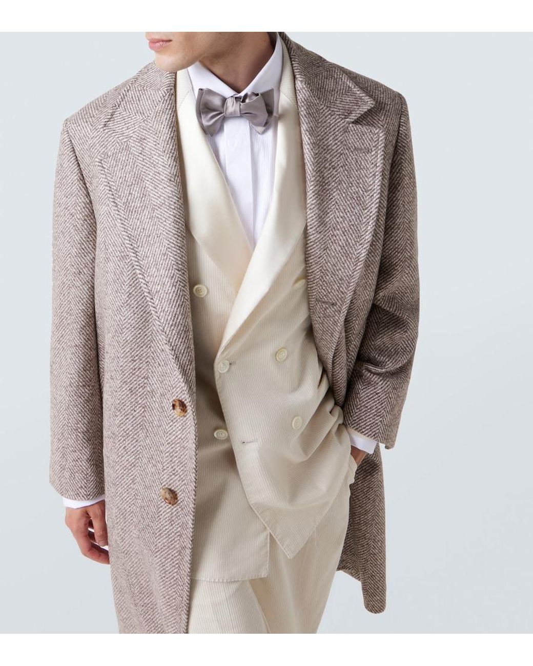 Brunello Cucinelli Brown Herringbone Wool And Alpaca-Blend Overcoat for men