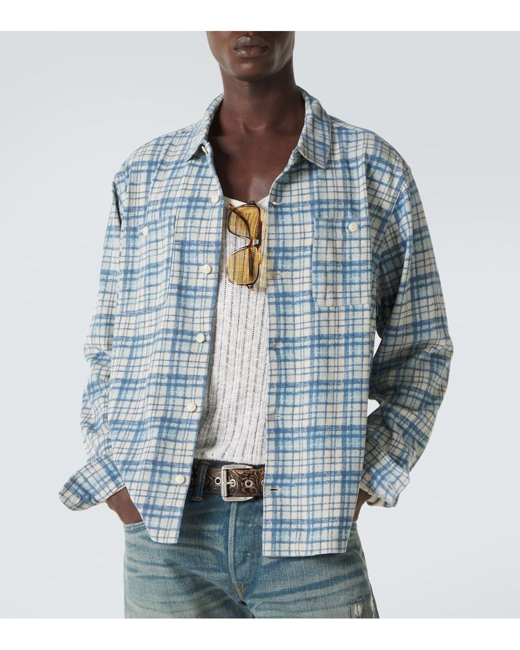 RRL Blue Plaid Cotton And Linen Jersey Shirt for men