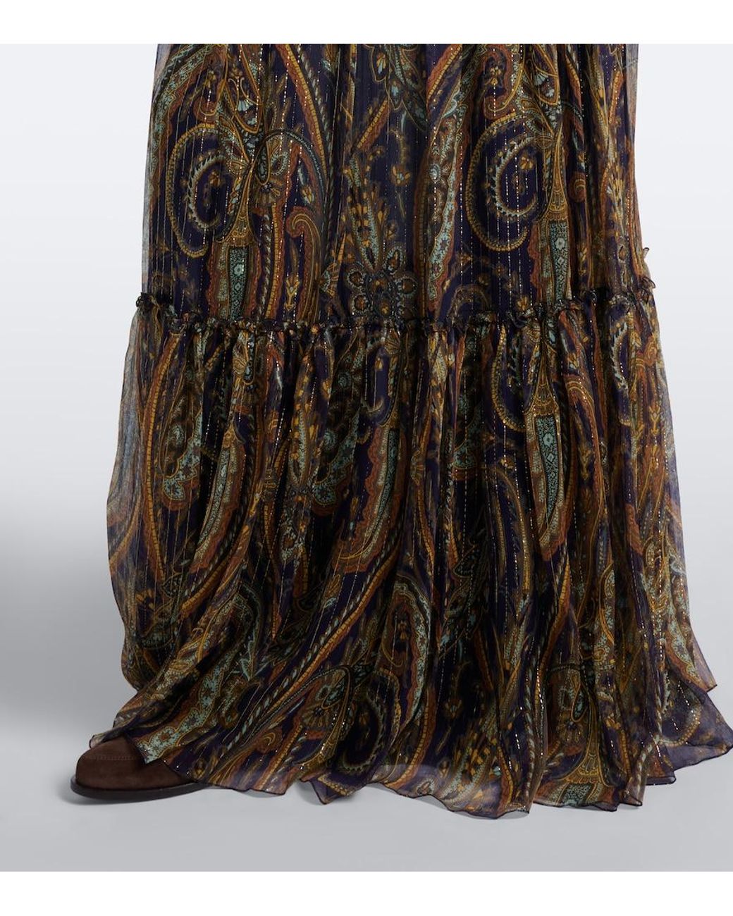 Etro Brown Paisley Tiered Silk-Blend Chiffon Maxi Skirt