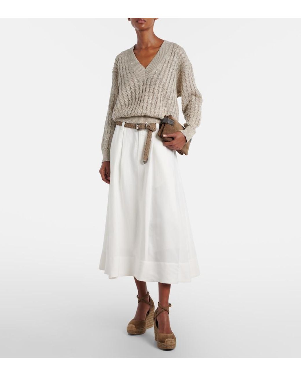 Brunello Cucinelli White Mid-Rise Midi Skirt
