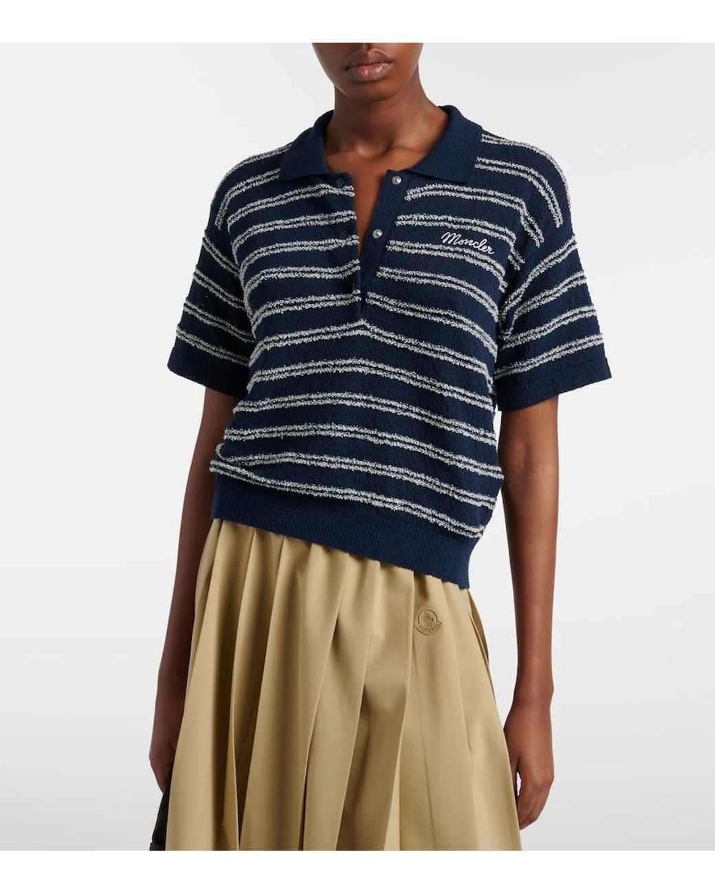 Moncler Blue Logo Striped Cotton-Blend Polo Sweater