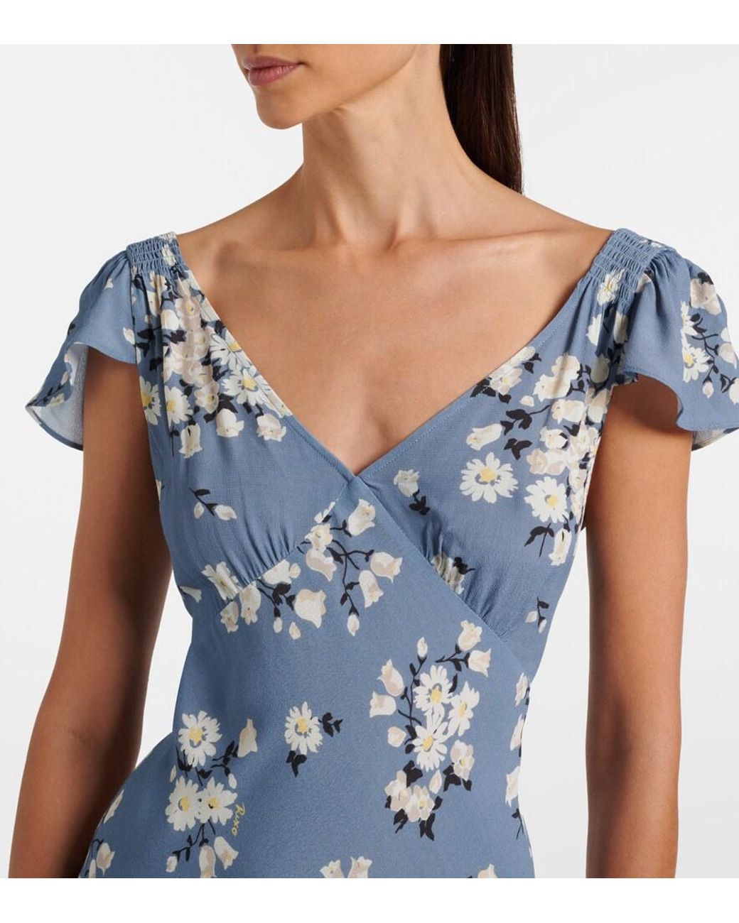 Rixo Blue Cathy Floral Crepe Midi Dress