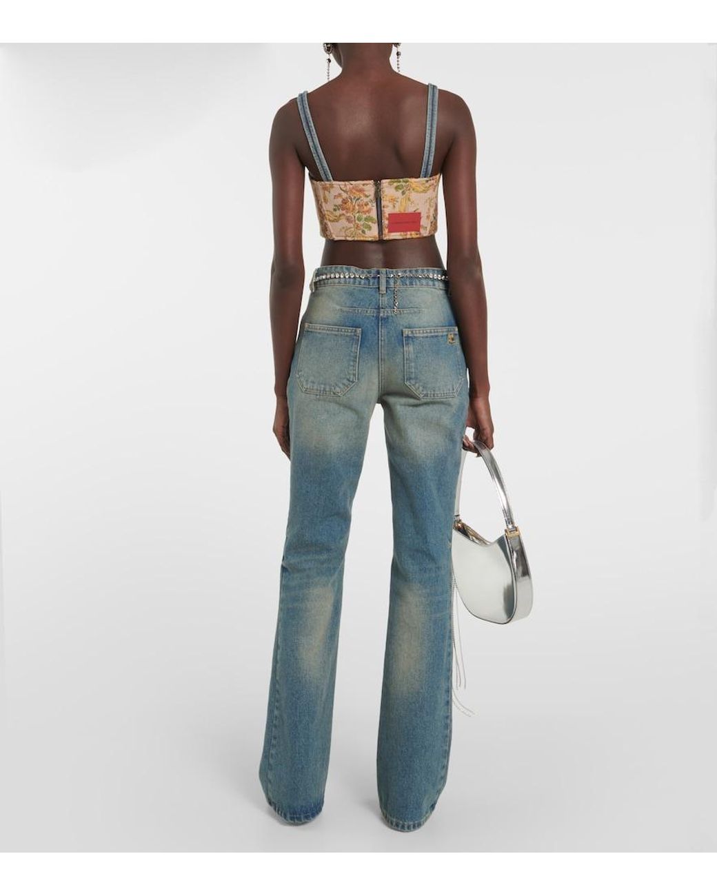 Alessandra Rich Blue Floral Cropped Denim Bustier Top