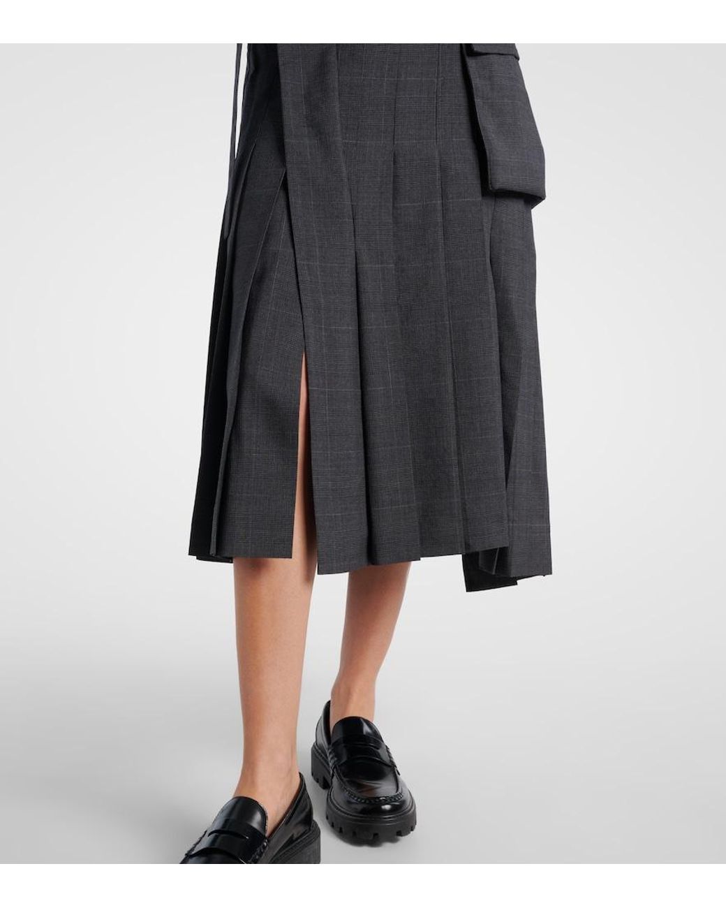 Sacai Black Prince Of Wales Check Wool Midi Skirt